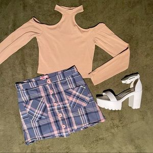 Plaid button front cotton mini skirt